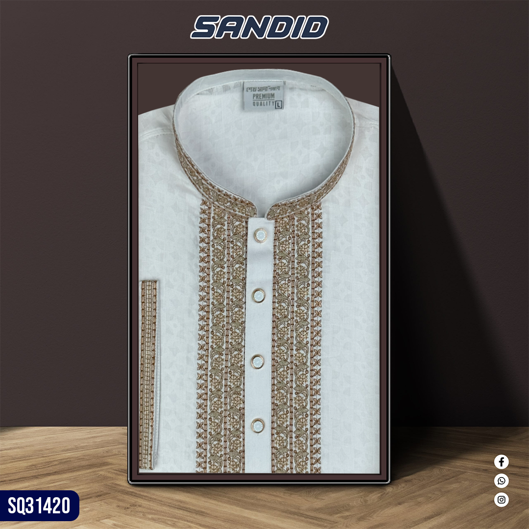 Premium Quality Embroidery White Brashu Panjabi