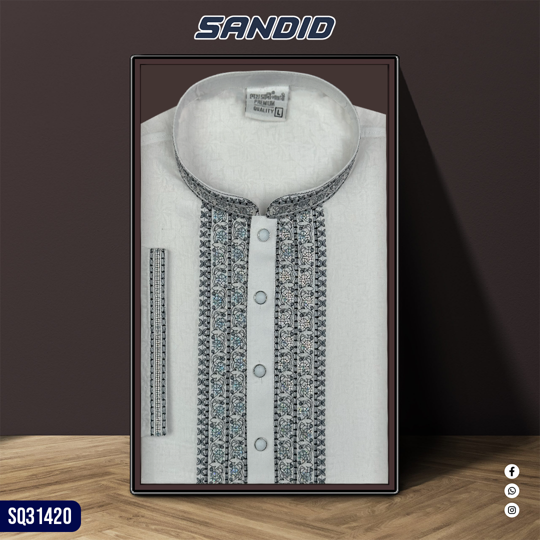 Premium Quality Embroidery White Brashu Panjabi