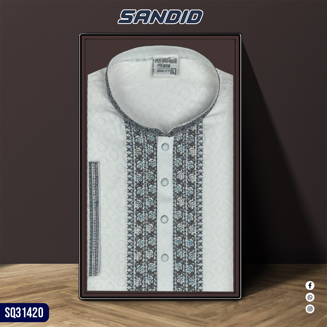 Premium Quality Embroidery White Brashu Panjabi